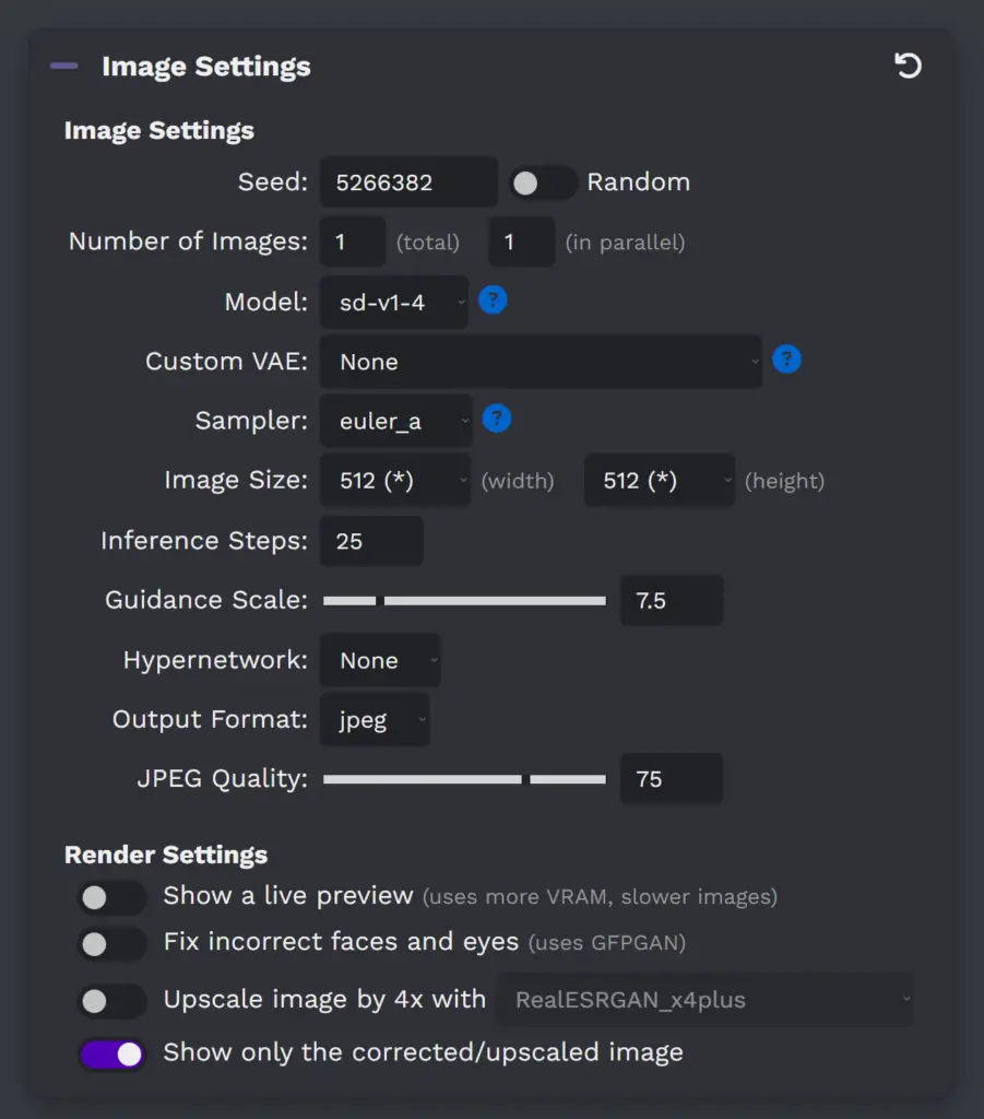 Image settings in Easy Diffusion Local Device version