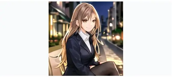 a young lady with brown eyes, highlighted hair, and a bright smile, wearing stylish business casual attire, sitting in an outdoor setting on a quiet city street with rim lighting.