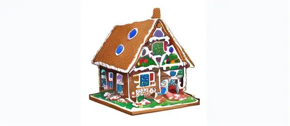 "An up-close, in-focus image of a gingerbread house. The house is crafted with elements of toast and crunch cereal, offering a unique twist on the traditional gingerbread house design. The diorama is staged against a pure white background, providing a contrast that makes the gingerbread house stand out."