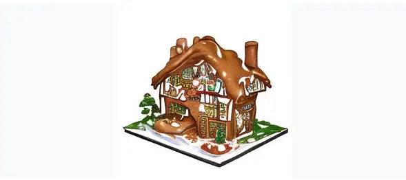 "A gingerbread house, designed in the style of a diorama, is the central focus of the image. The house is surrounded by a scenery made from toast and crunch cereal, giving the impression of a quirky edible landscape. All elements are in focus against a pristine white background."
