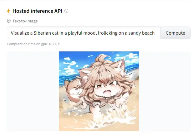 a Siberian cat in a playful mood, frolicking on a sandy beach
