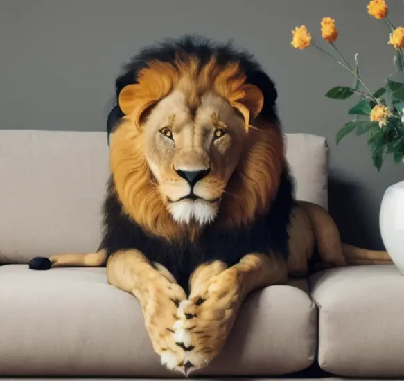 AI generated image of a lion sitting on a couch. 