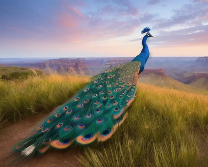 AI generated image of a peacock on sandy dunes.