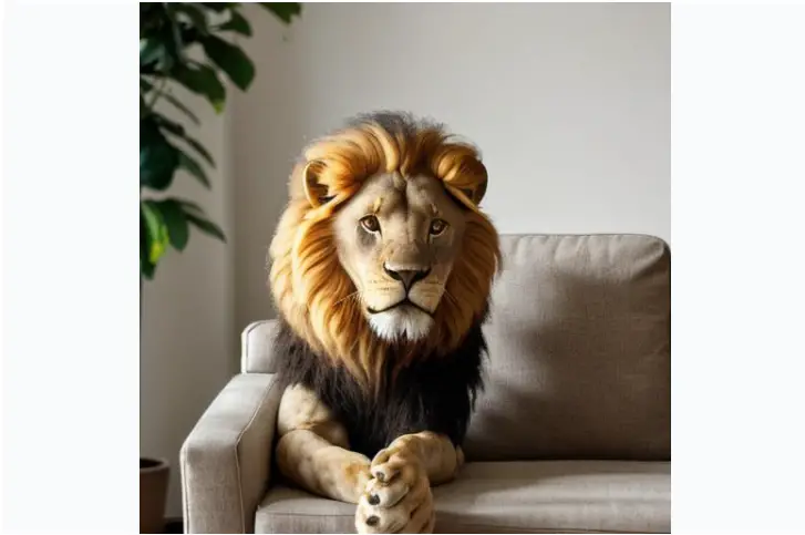 "Photographic image of a lion sitting on a couch, with a vase of flowers in the room. The image should exhibit depth of field and film grain, imitating the style of a Fujifilm XT3 shot. The setting should be a dark studio, and the image should be ultra-clear, 8K UHD quality."