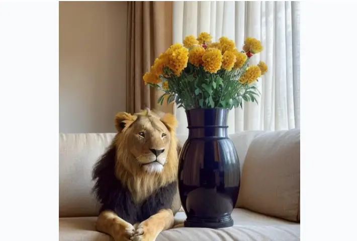 AI generated image of a lion sitting on a sofa
