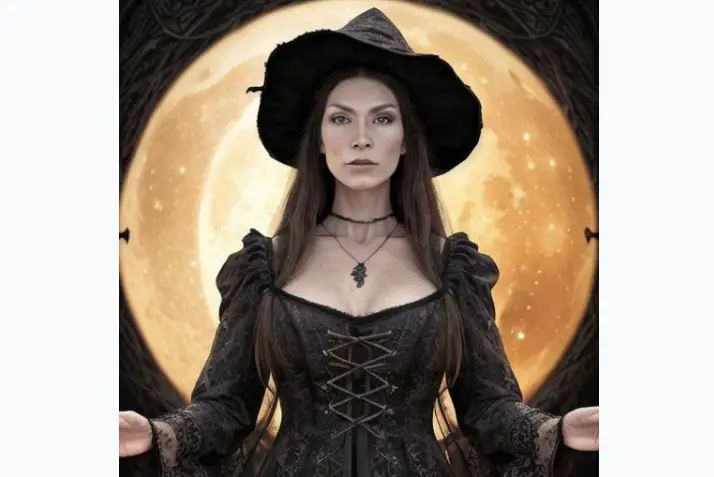 A witch with an intricately detailed face, displayed in a half-body shot. The lighting should be typical of a studio, with an emphasis on dramatic illumination. She is dressed in highly detailed clothing, and her gaze is directed at the viewer, creating an air of mystery. The scene is further enhanced with a full moon and beautiful fire magic. The image should be void of any youthful, immature, disfigured, or deformed appearances