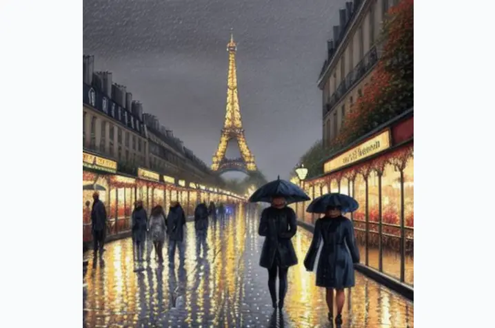 A depiction of autumn in Paris, with the city lights illuminating a market, all under a beautiful, atmospheric rainfall. The image should evoke the style of Thomas Kinkade's art. The image should avoid any elements that are ugly, tiled, or poorly drawn, particularly hands, feet, and faces. The image should not include any out of frame bodies or extra limbs, nor any disfigurement or deformation. Watermarks, signatures, and cut-off images are to be avoided. The image should not suffer from low contrast, underexposure, overexposure, or depict poor artistic skill or amateurish elements, especially a distorted face.