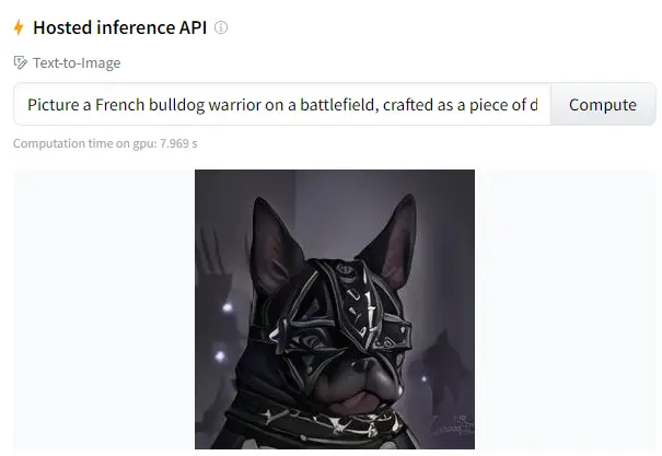 Image of a French bulldog warrior on a battlefield, crafted as a piece of digital art. Aim for an aesthetic portrayal with intricate details, a face full of detail, closed eyes depicted hyper-realistically, a Zorro-style eye mask, and ambient lighting, evoking the quality of artworks seen on ArtStation