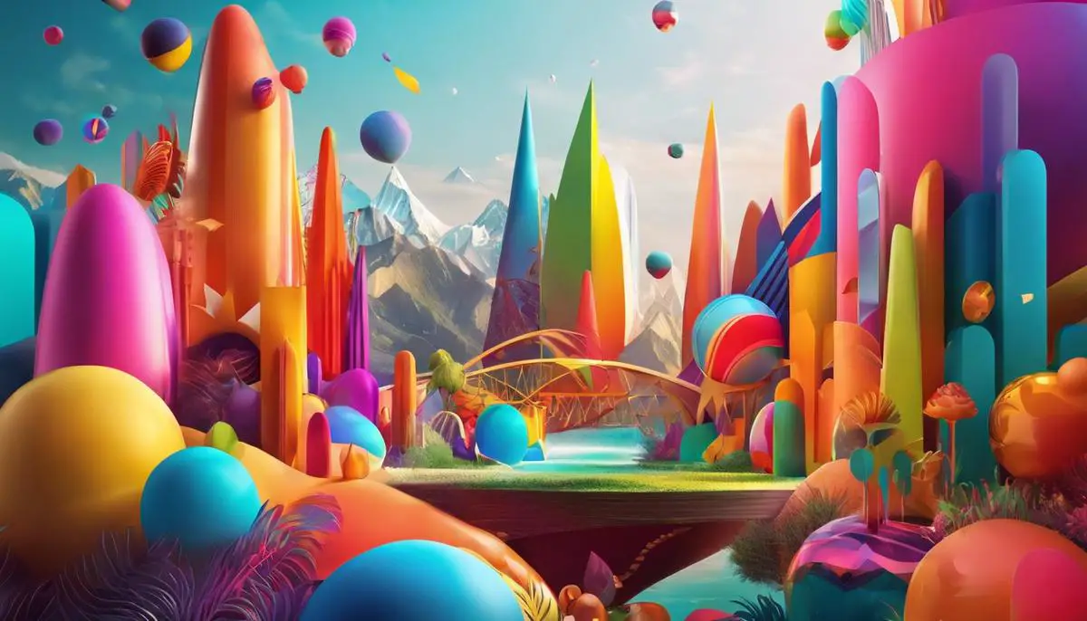 Illustration of a colorful 3D image with vibrant shapes and effects