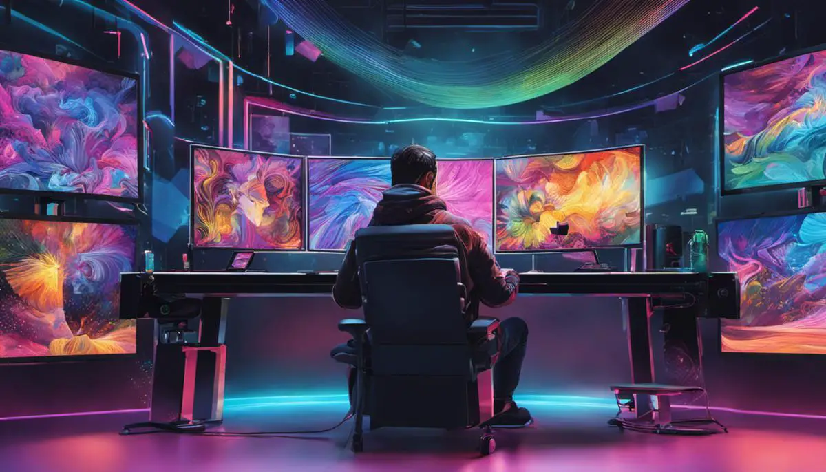 Illustration showing a person working on an artwork using AI technology. The person is sitting in front of a computer with a GPU unit, and colorful art is displayed on the computer screen.