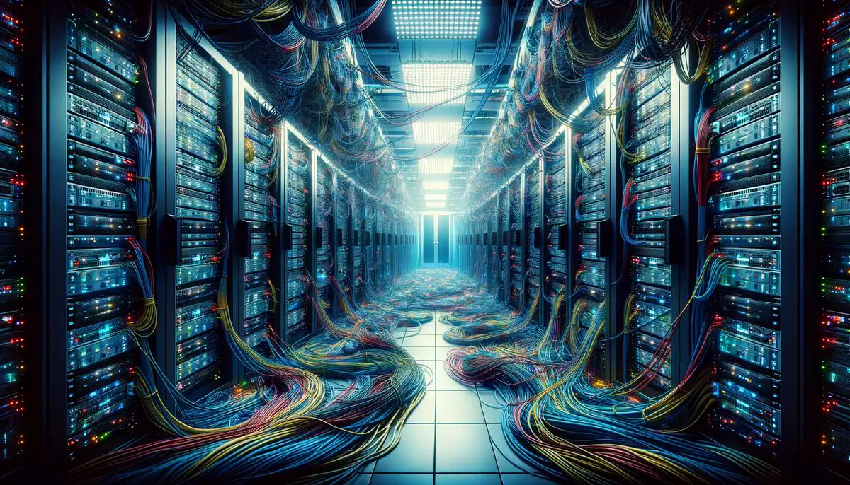 Image of a server room with data cables for the text about the hospital data breach incident.