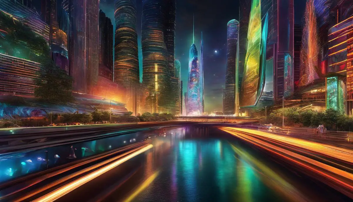 An image showing a futuristic, high-resolution synthesized image with vibrant colors and intricate details.