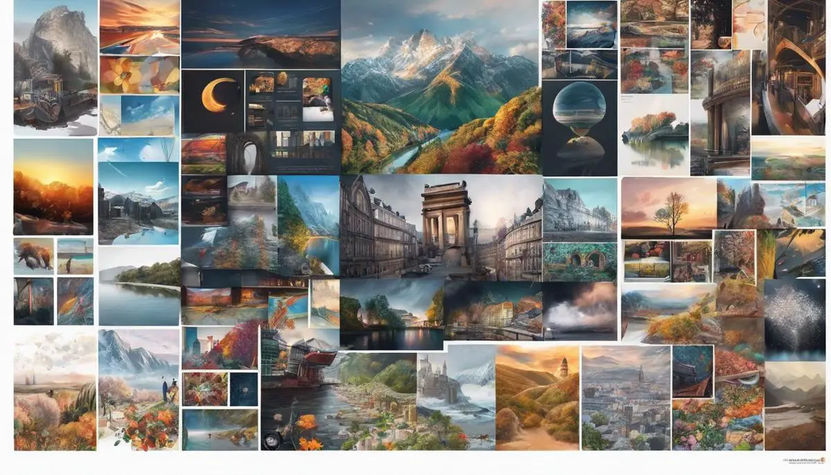 Illustration of AI-generated images, showcasing a variety of artistic styles and subjects.