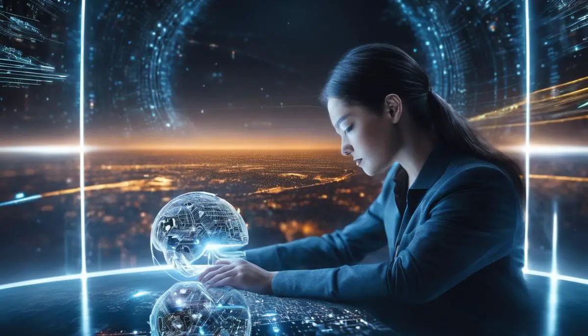 Image of a person interacting with an artificial intelligence system, visually representing the concept of AI-generated imagery and its limitations and ethical considerations.