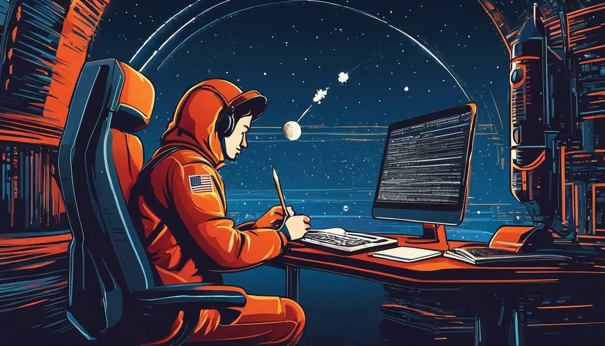 Illustration of a person writing code and a rocket symbolizing stellar performance.