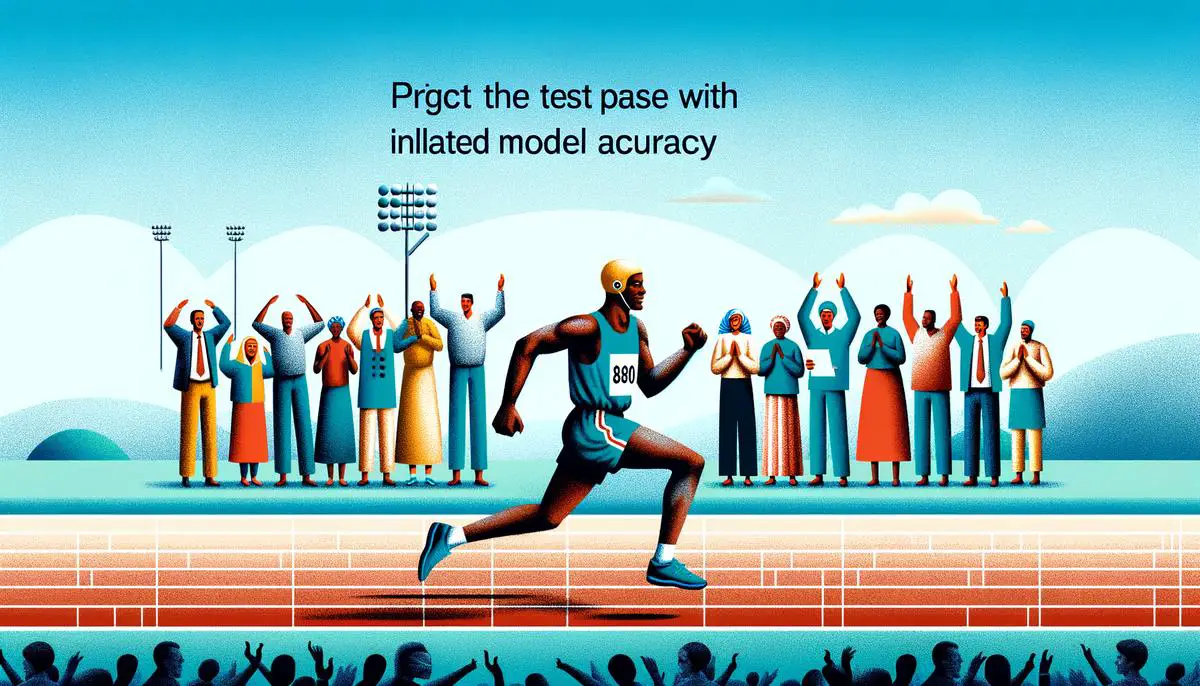 Illustration of data leakage in machine learning concept showing a race with one person and a cheering crowd to represent inflated model accuracy during testing phase