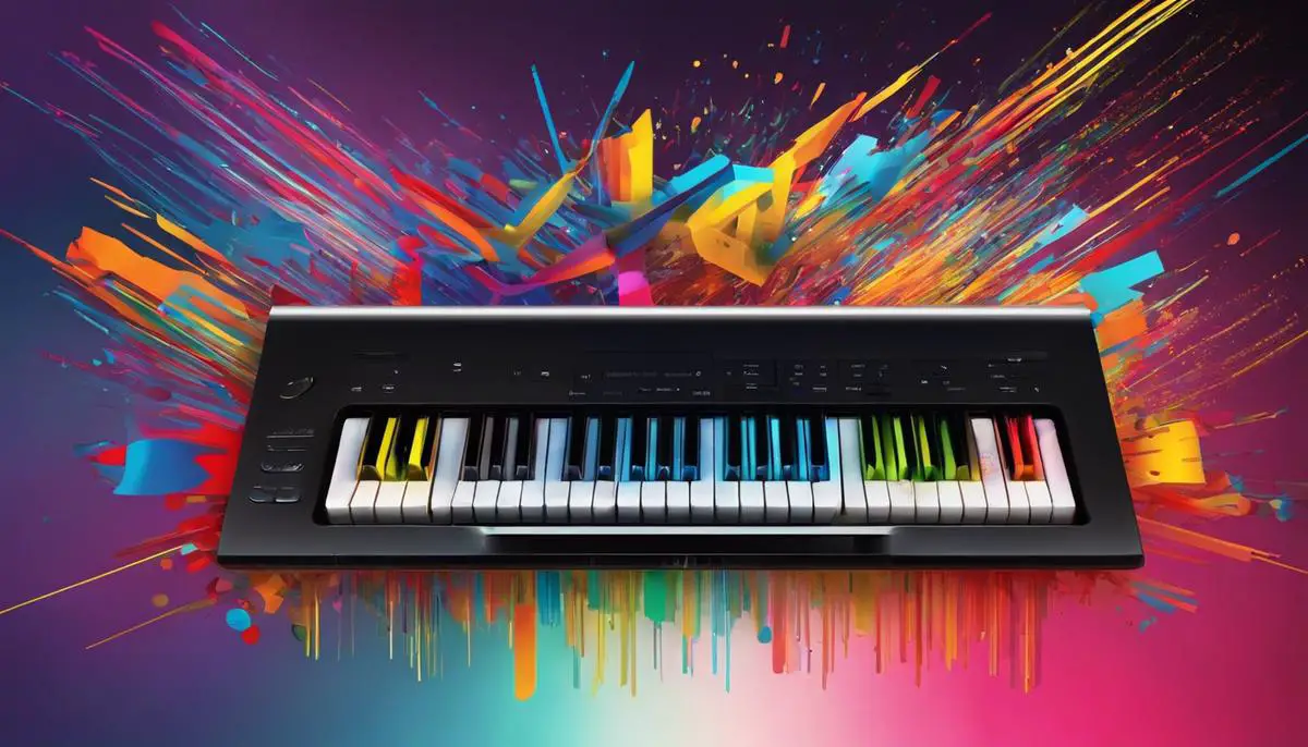 An image depicting the process of digital creation with Stable Diffusion, showing a keyboard with colorful strokes and abstract art emerging from it.