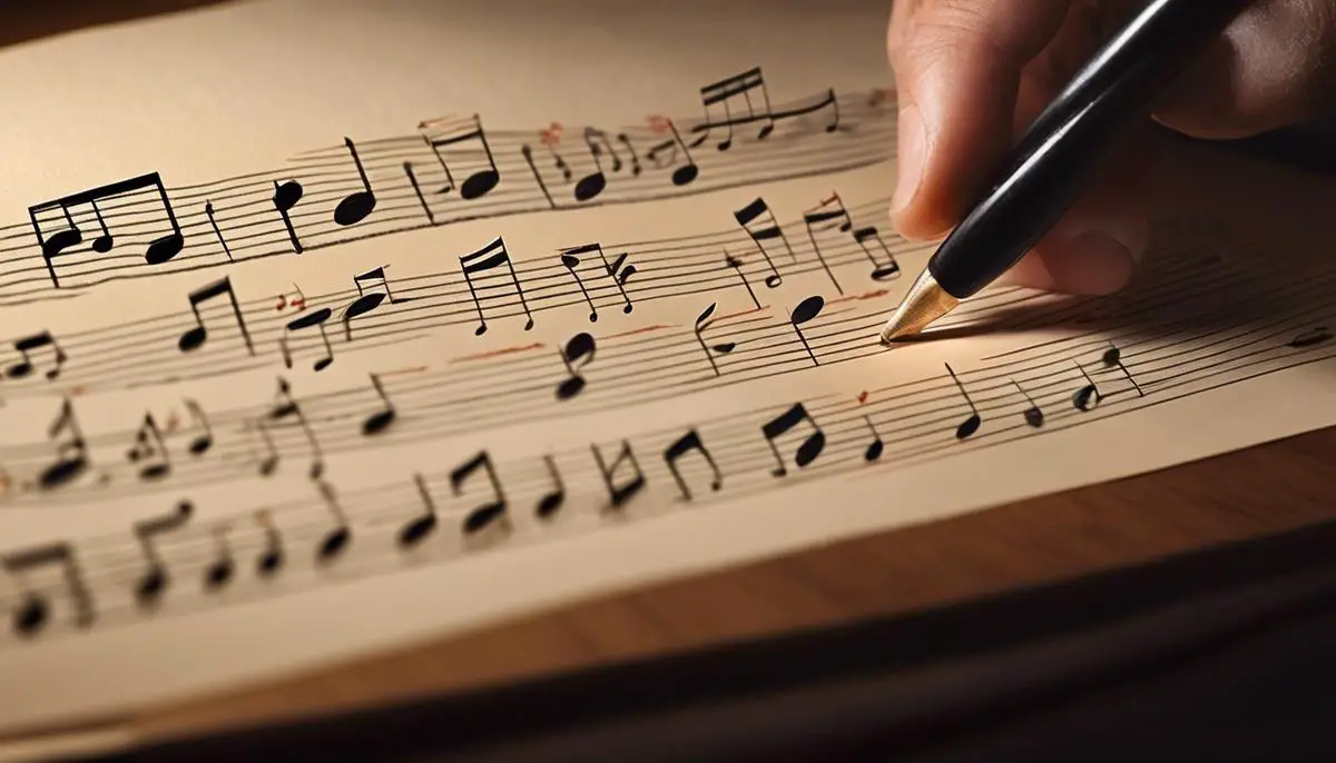 A close-up image of a person's hand writing and erasing musical notes on a staff, symbolizing the iterative process of learning and refining a language model with epochs.