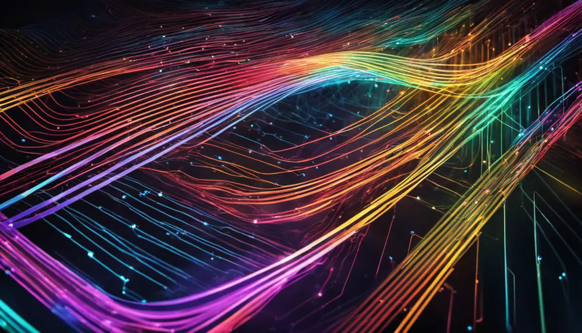 A visualization of interconnected GPUs with colorful lines representing data flow and complexity, symbolizing the powerful role of GPUs in AI artwork creation.