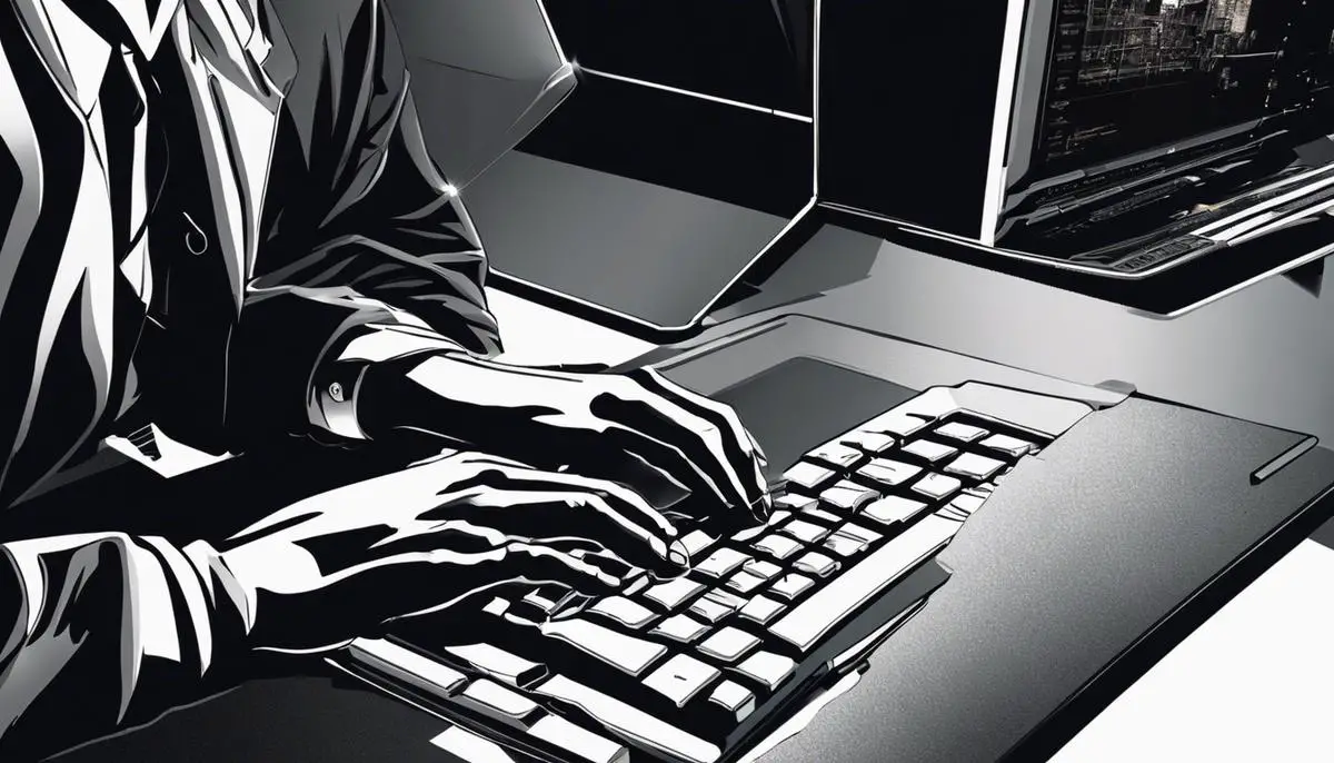 Image depicting a person looking at a computer screen while hands hover over a keyboard, representing the intersection of technology and ethics.