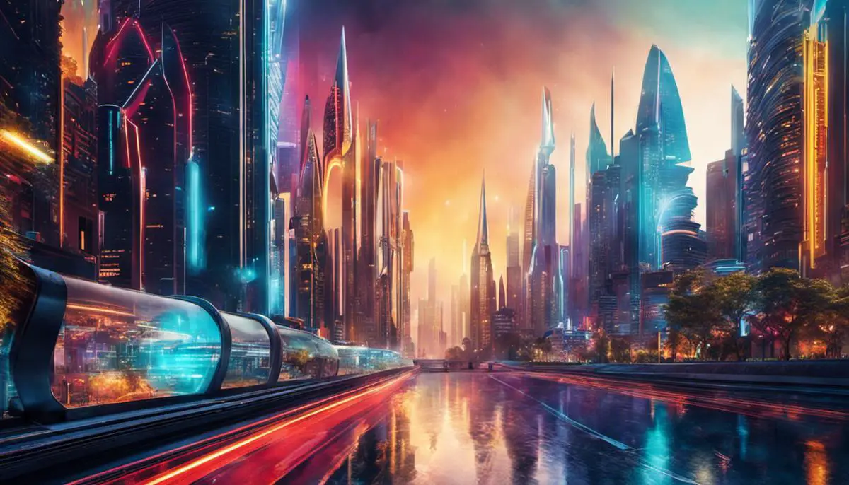 The image shows a futuristic cityscape with a blend of vibrant colors and sharp details, representing the future of stable diffusion in video processing.