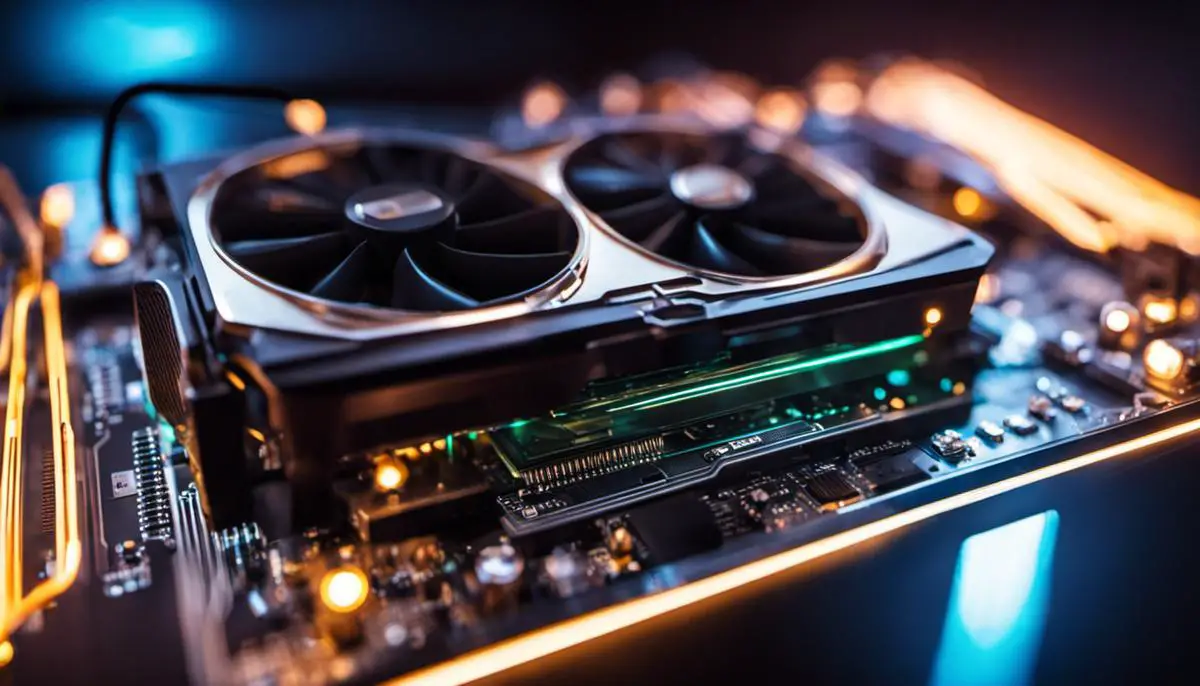 A close-up image of a powerful GPU with glowing lights, representing the computational power needed for AI image generation.