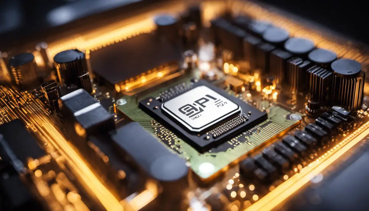 The image depicts a computer graphics processing unit (GPU), symbolizing the GPU market for AI image generation.