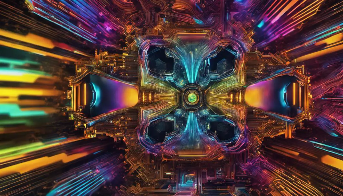 A visual representation of a GPU with vibrant colors and complex patterns, symbolizing the fusion of art and technology in AI art creation.