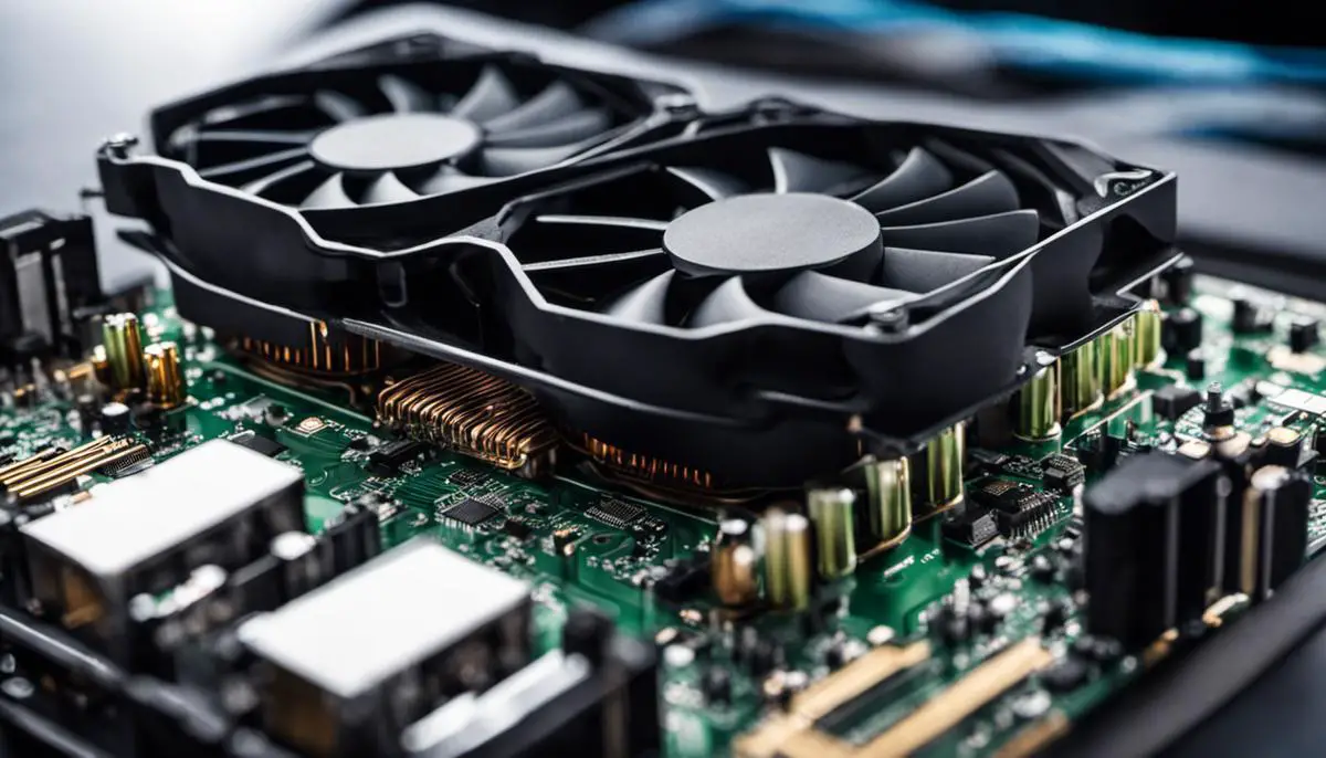 An image depicting a graphic processing unit (GPU) with a circuit board and cooling fans, symbolizing the power and sophistication of GPU technology.