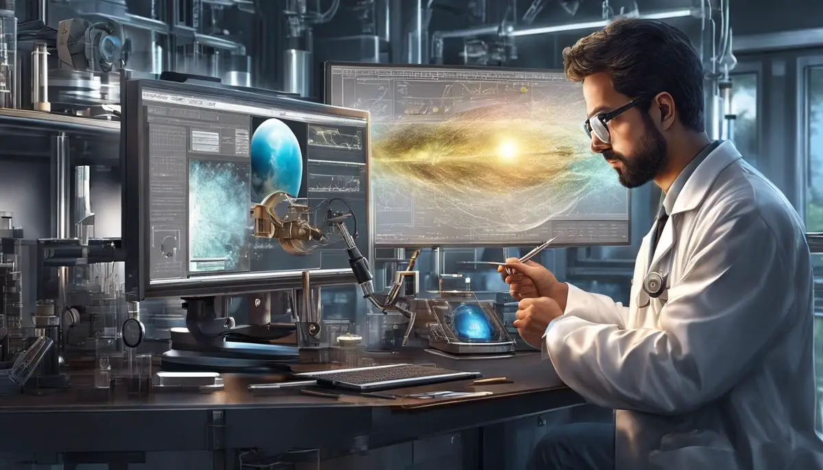 Illustration of a scientist examining a high-resolution image with scientific equipment.