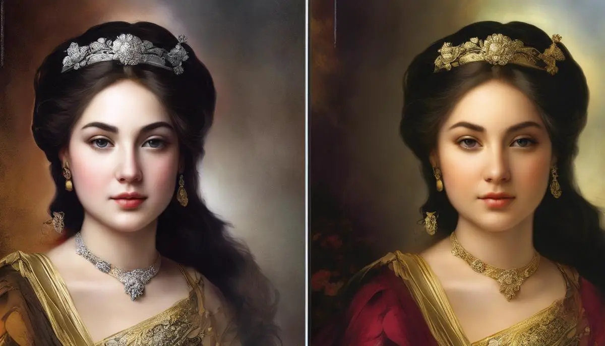 An illustrative image showing a before and after of an inpainting process, where a damaged image is restored digitally.