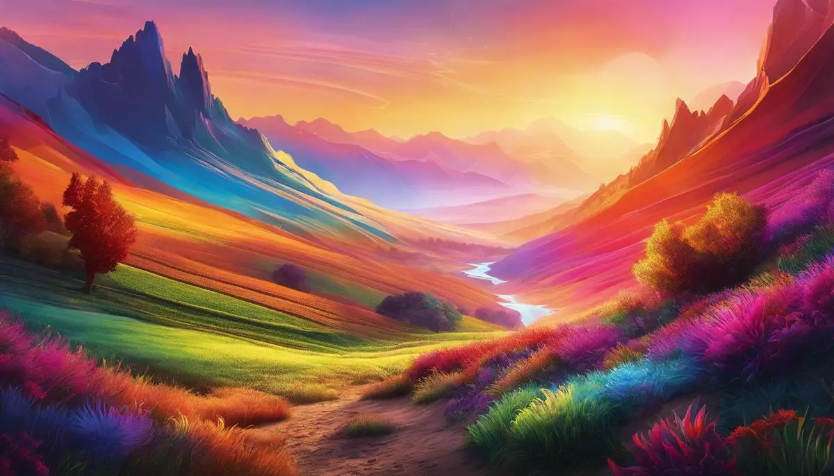 Illustration of a colorful abstract image being transformed into a realistic landscape image