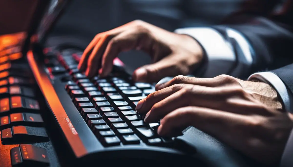 Image of a person typing on a keyboard, representing the concept of keyboard shortcuts enhancing productivity and effectiveness in digital image editing.