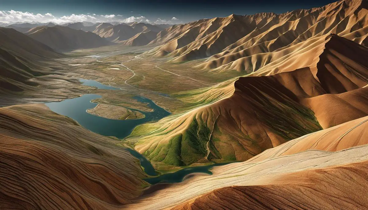 An image depicting a computer-generated landscape with various topographic features mapped out.