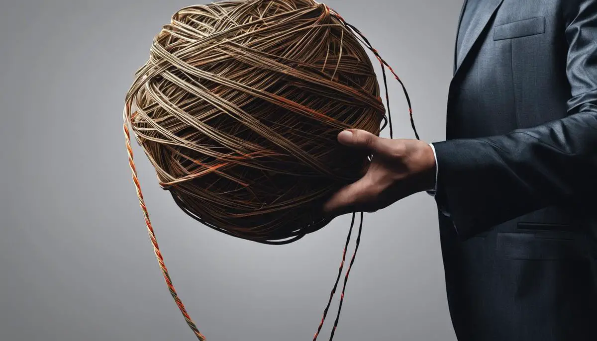 An image depicting a person holding a tangled ball of string, representing the concept of overfitting in AI systems. The string has knots and twists, signifying the lack of generalizability.