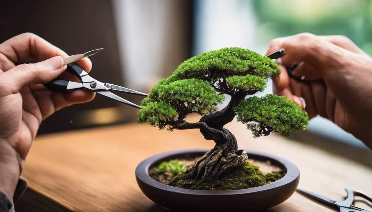 Image description: A hand holding a pair of trimming scissors, cutting a small bonsai tree.