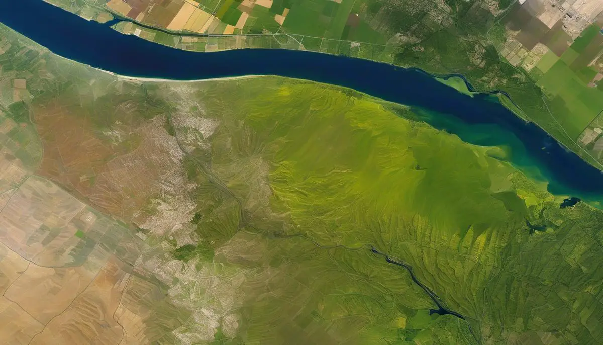 A satellite image showing the before and after of Stable Diffusion Inpainting, where the after image is clearer and more accurate, enhancing geographical features and climatic changes.