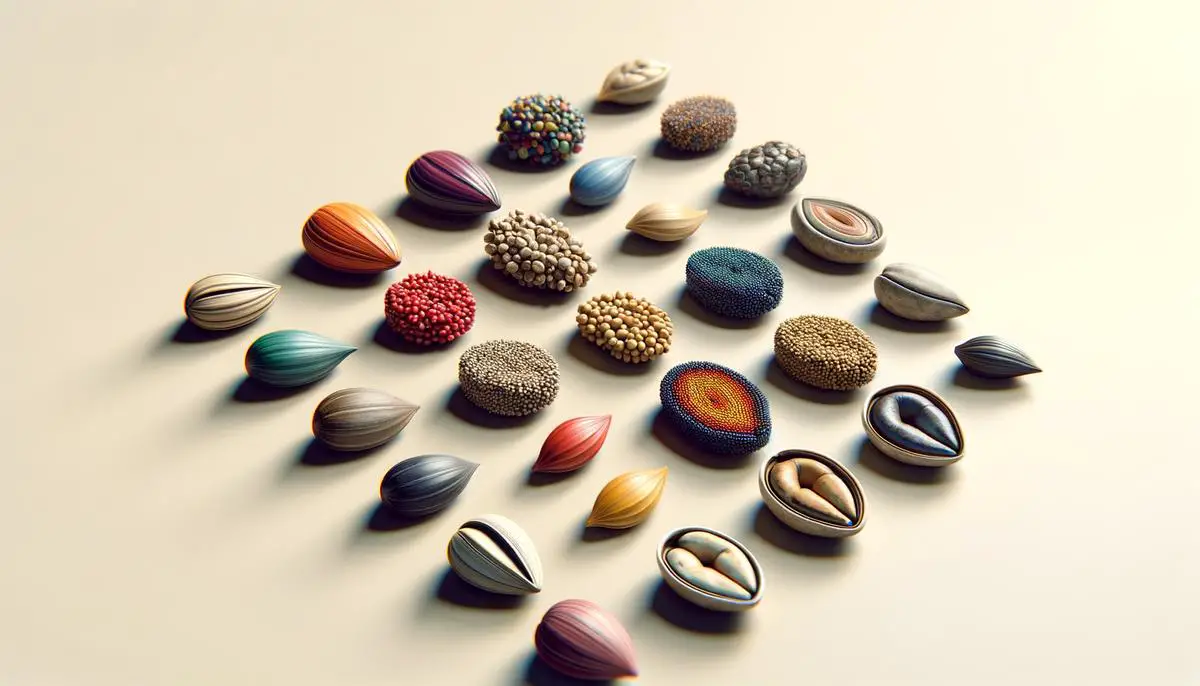 Close-up image of various seeds in different colors and shapes, symbolizing diversity and customization in seed selection for AI models