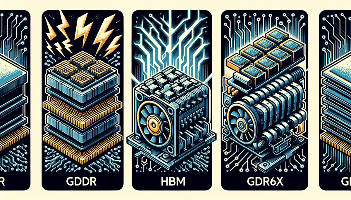 Different types of VRAM including GDDR, HBM, and GDDR6X, with a focus on their performance characteristics and applications.