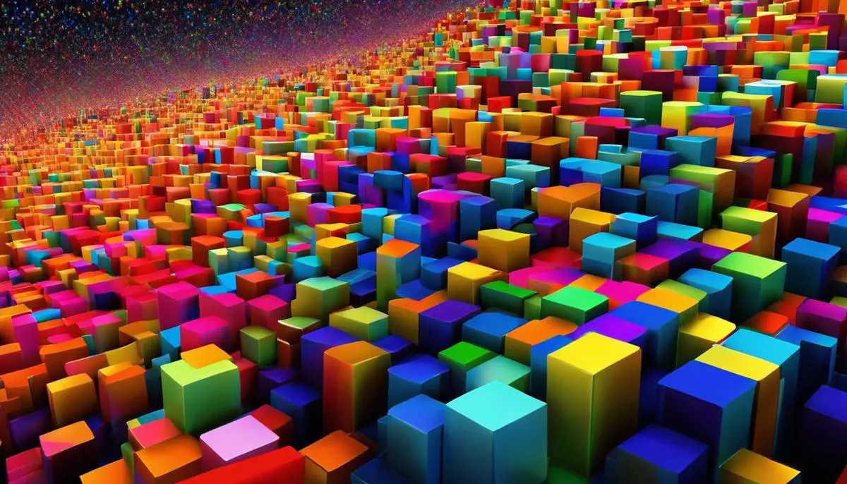 An image depicting the concept of Stable Diffusion. It shows a combination of pixels transforming into a vibrant and coherent artwork.