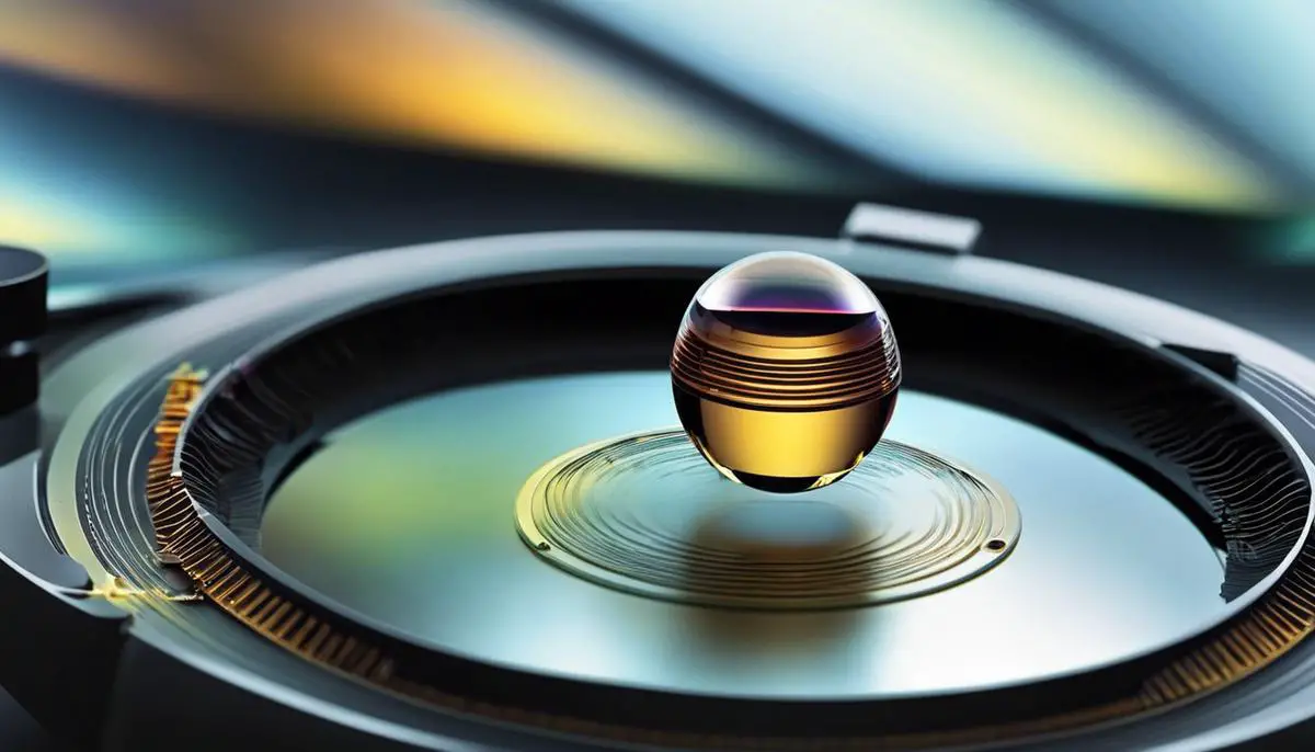 An image of a microscope lens focusing on a microscopic sample