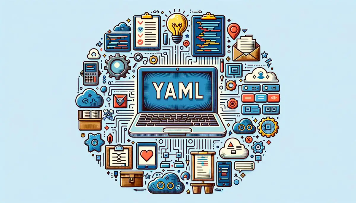 Illustration of various YAML tips and strategies for creating effective YAML files. Avoid using words, letters or labels in the image when possible.
